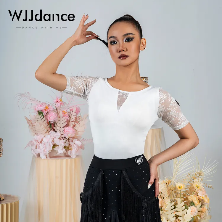 WJJdance拉丁舞上衣女2025成年新款网纱蕾丝拼接短款舞蹈练功服装