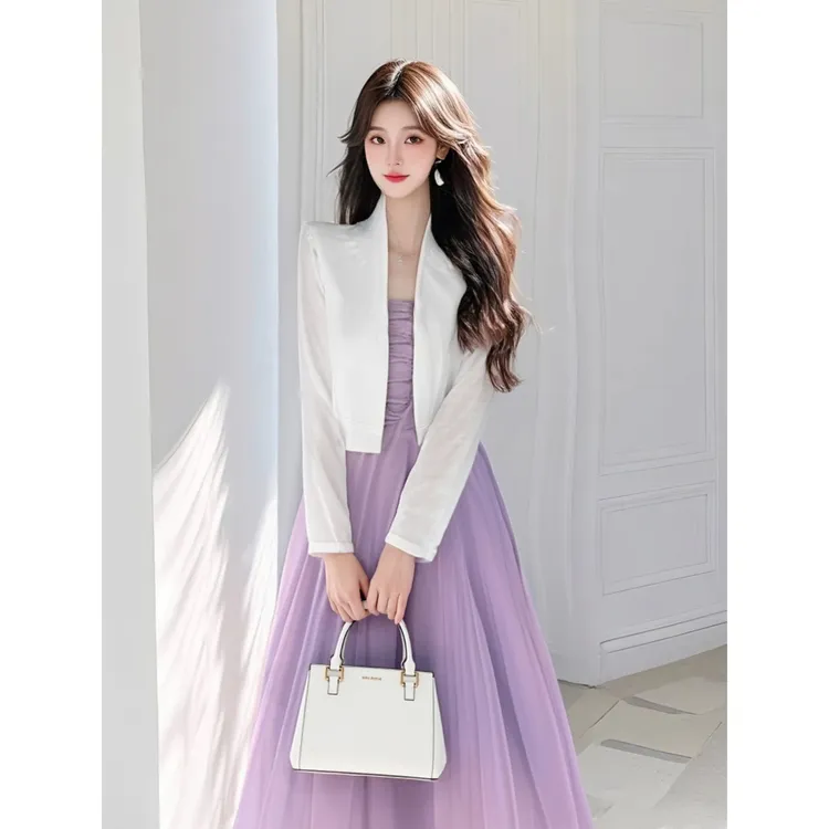 2025春季轻奢高级感超好看独特漂亮白色西装外套紫色连衣裙套装女