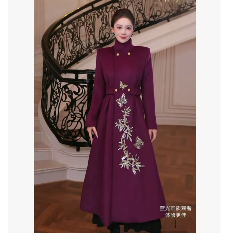 【芙娜妮】2025秋冬刺绣休闲风中长款海葵紫女装大衣外套FG2531217A