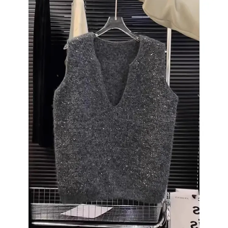 芯娇晴重工亮片灰色针织马甲女春秋新款外搭叠穿背心V领无袖上衣