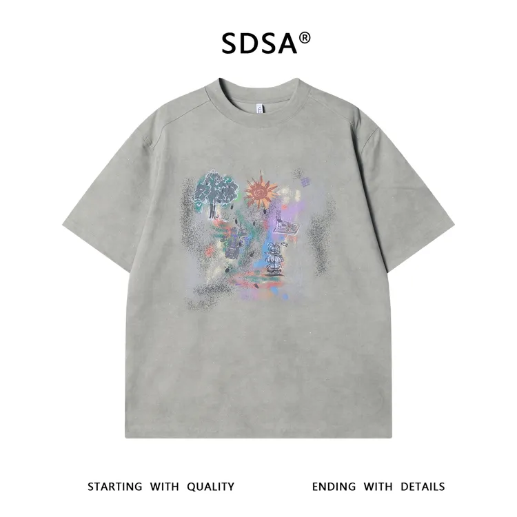 夏季高级感新款复古满天星公园日记印花短袖T恤百搭宽松圆领上衣