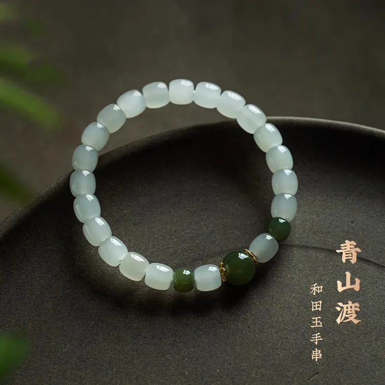 白玉桶珠简约单圈青山渡串珠正宗和田玉手串男女创意百搭手链