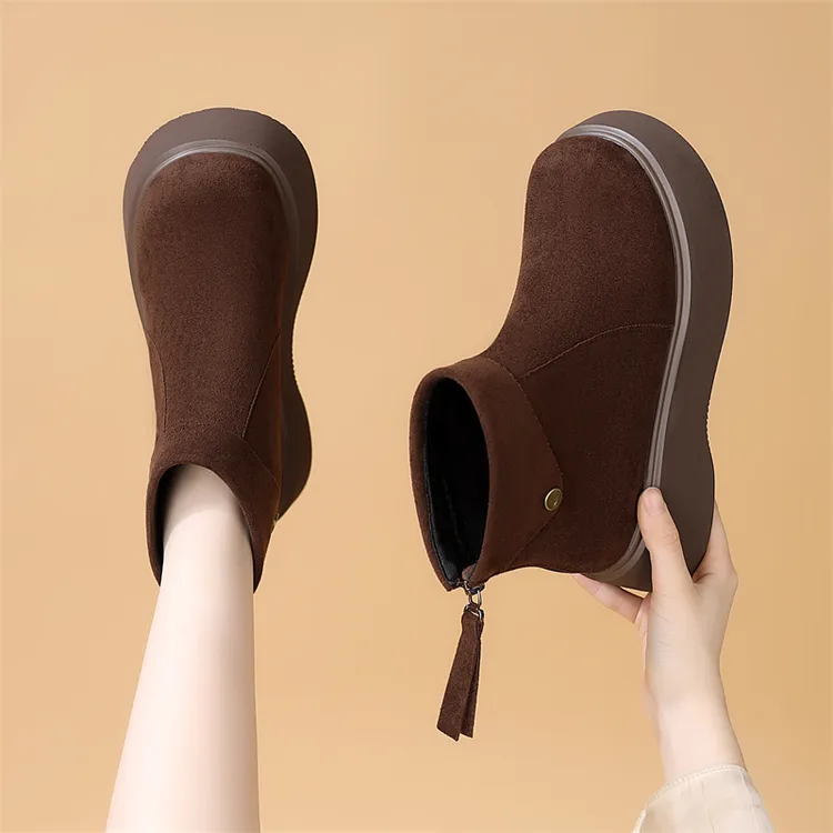 厚底短筒靴女2025秋冬新款加绒加厚保暖圆头绒面勃肯鞋增高马丁靴