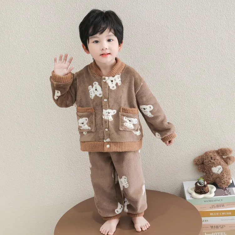 儿童睡衣男童秋冬季珊瑚绒男孩家居服2025新款宝宝法兰绒加厚开衫