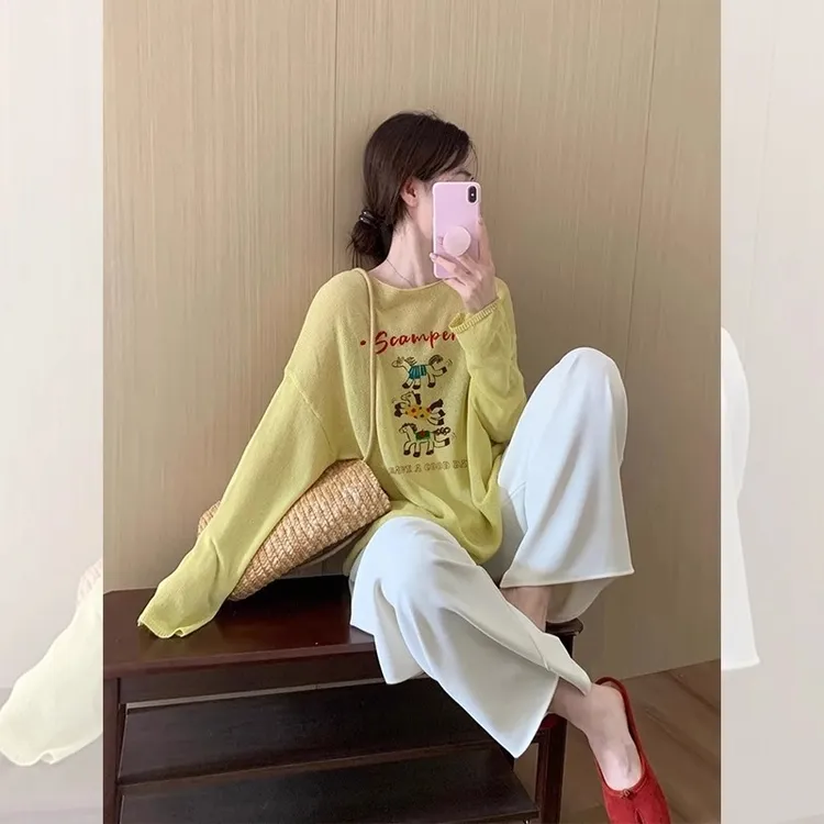 2025超火减龄上衣宽松韩版慵懒风黄色小马长袖冰丝防晒t恤女夏季