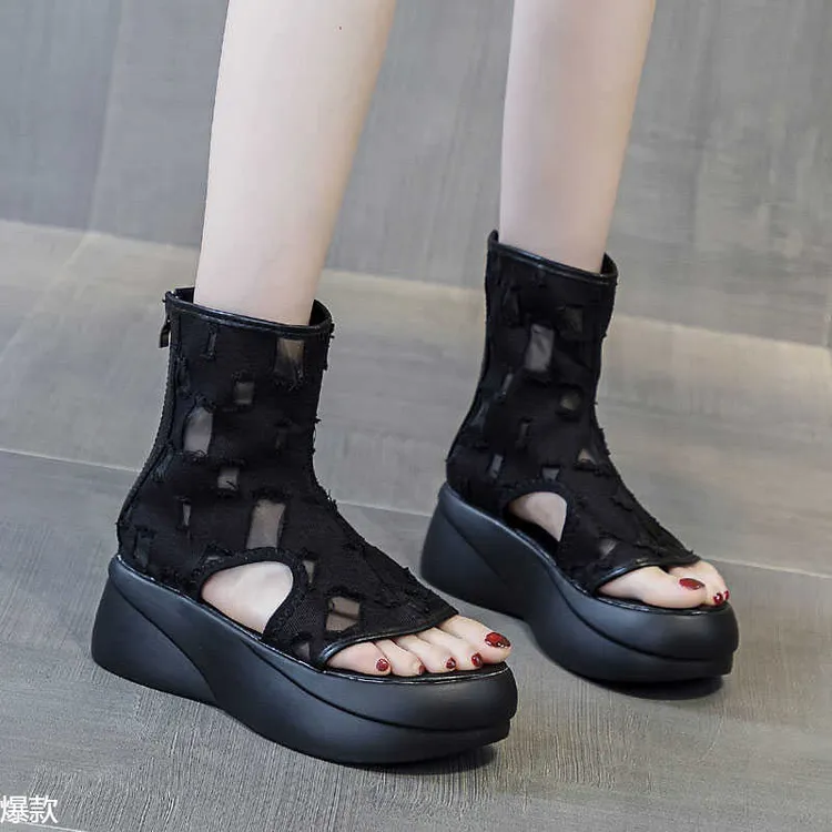 夹趾罗马鞋女高跟欧美夏季新款凉鞋松糕底镂空中帮露趾短靴牛仔靴