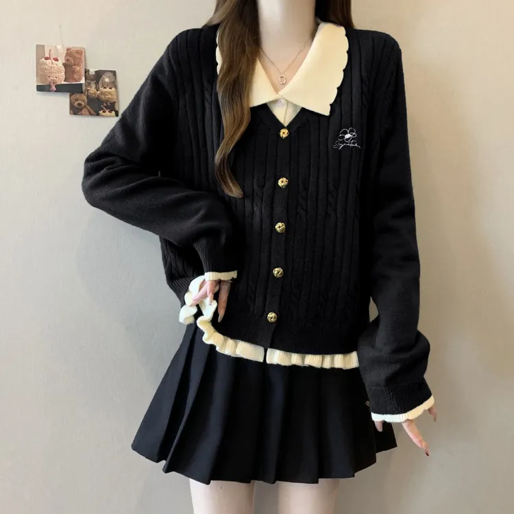 大码女装胖mm秋冬季新款港风韩版复古POLO领假两件针织衫毛衣开衫