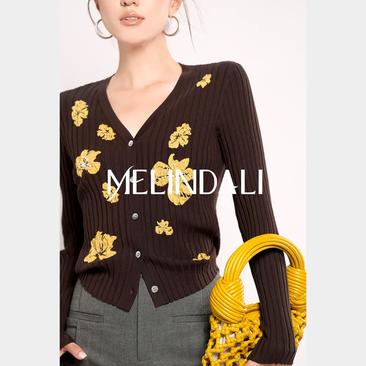 Melinda Li【焦糖黑巧】琥珀流光金丝提花修身针织上衣开衫秋新款