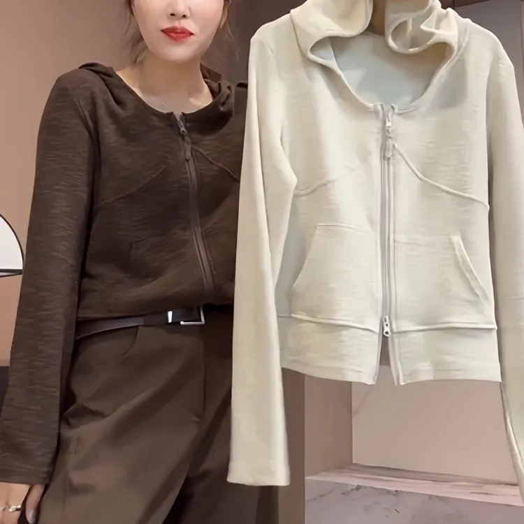 欧货韩系连帽拉链开衫女外套显瘦百搭休闲上衣设计感洋气大码5879