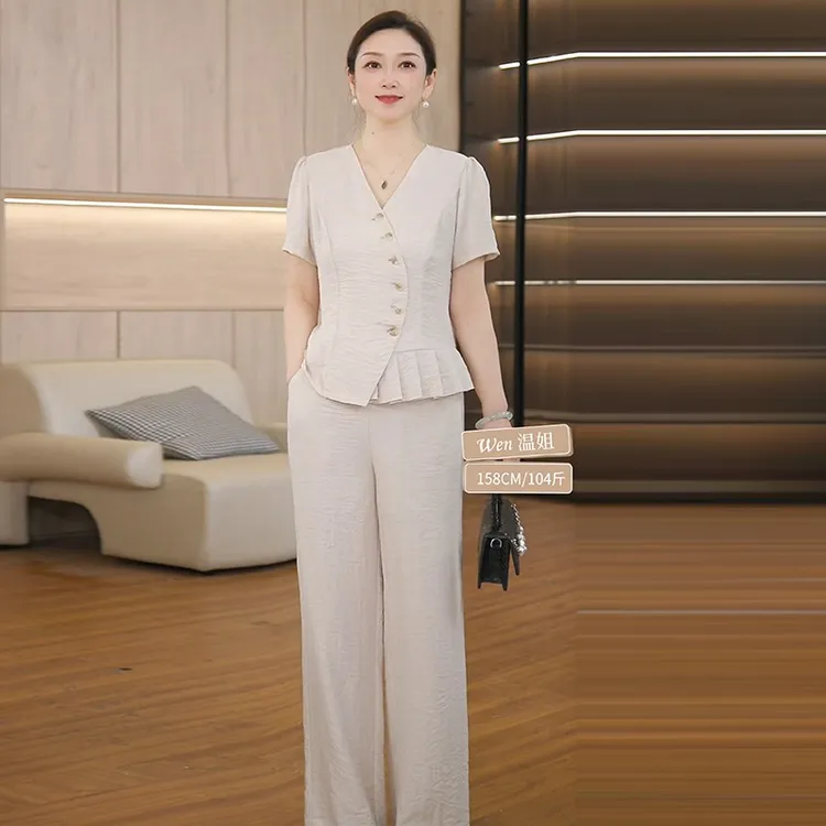 妈妈装夏季短袖套装洋气2025新款中老年女夏装时尚减龄上衣两件套