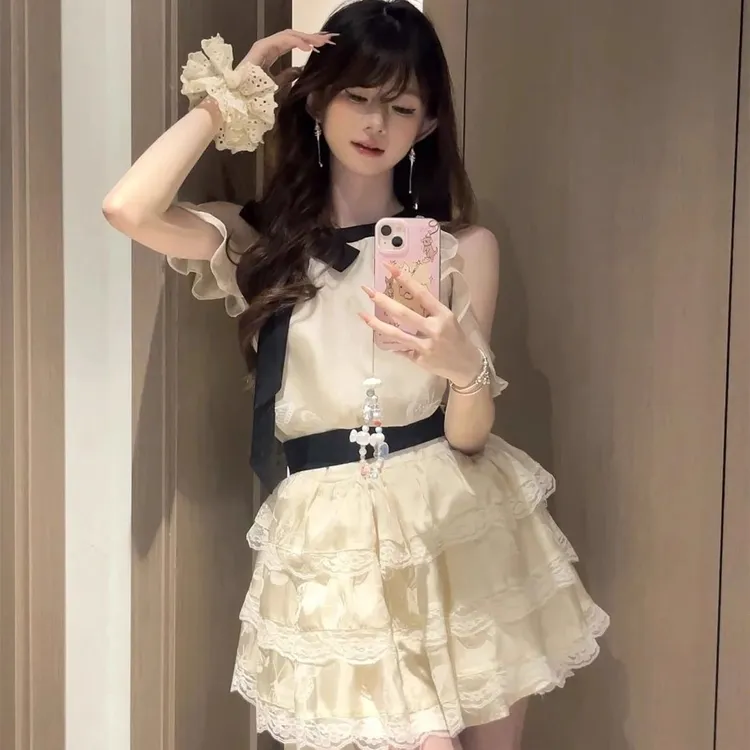 连衣裙女夏季新款初恋甜美公主蓬蓬蛋糕裙收腰慵懒风吊带裙套装