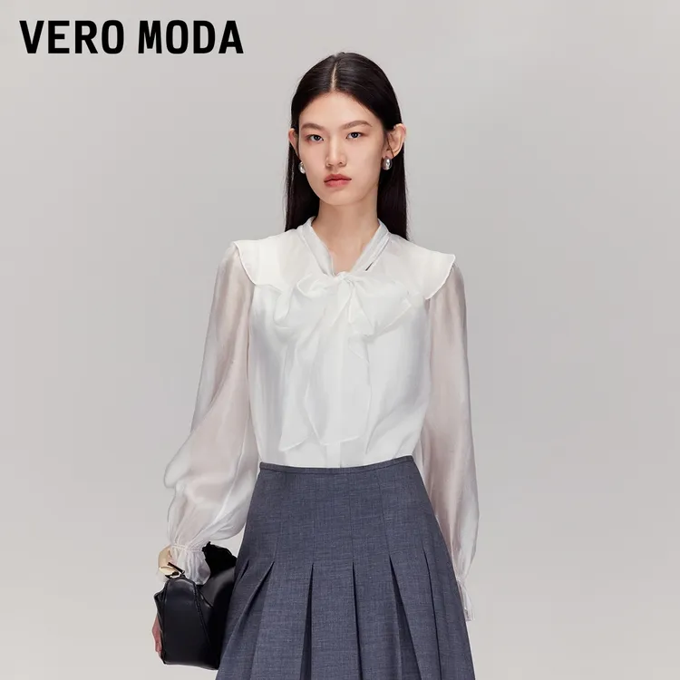 Vero Moda衬衫2025秋季新款飘带领荷叶边纯色百搭上衣老钱风小众