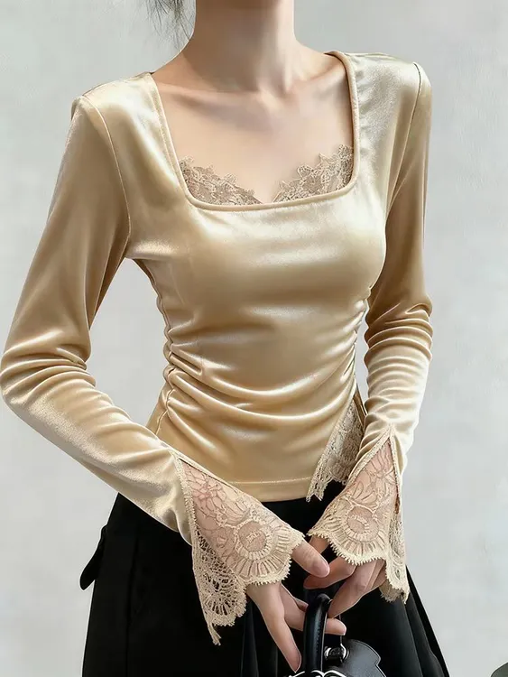 时尚轻奢高级感杏色方领长袖掐腰丝绒衬衫女秋冬款超好看洋气衬衣