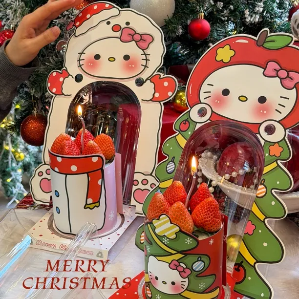 抱抱酱原创版权圣诞节kitty小猫圣诞树雪人蛋糕吸塑包装盒蛋糕盒