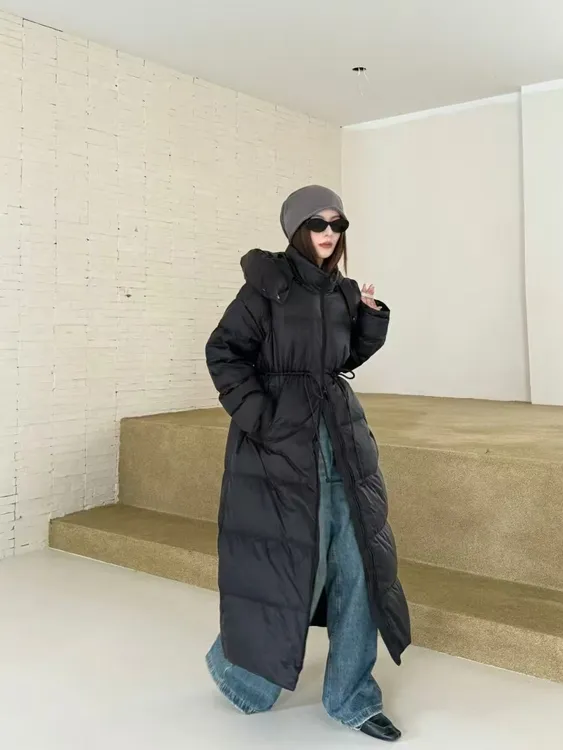 连帽中长款白鸭绒女冬季新款抽绳收腰宽松显瘦加厚保暖外套