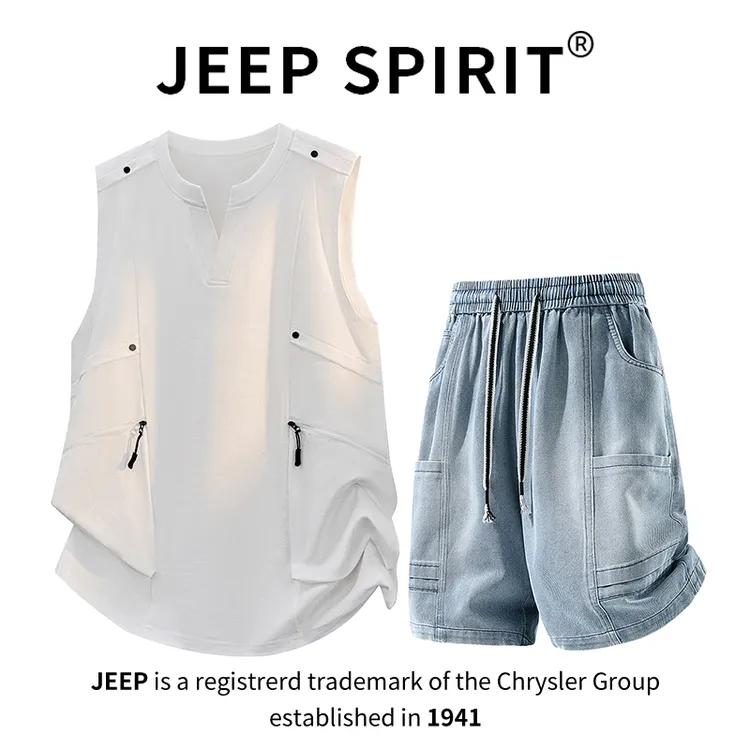 JEEPSPIRIT吉普V领工装背心牛仔短裤套装男夏季宽松时尚无袖坎肩
