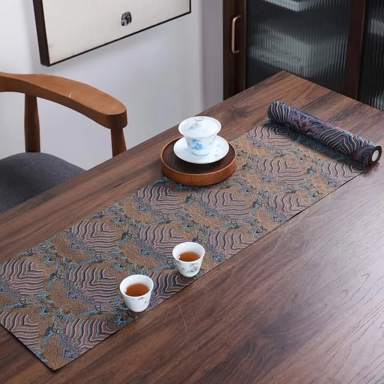 新中式云锦茶席提花云水纹织锦茶席空间陈设桌旗茶室茶席垫桌布