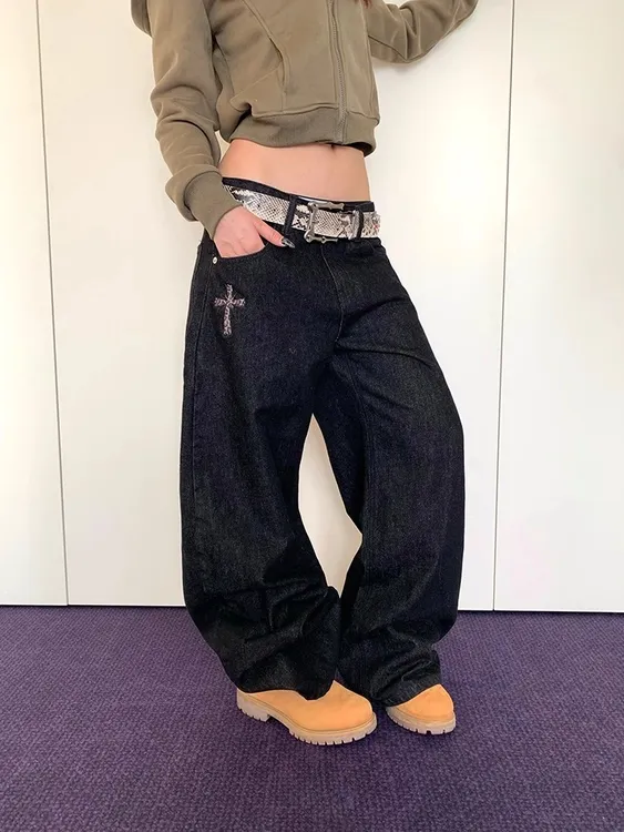 BINXLAN美式设计感铆钉十字架阔腿牛仔裤男女宽松休闲百搭拖地裤