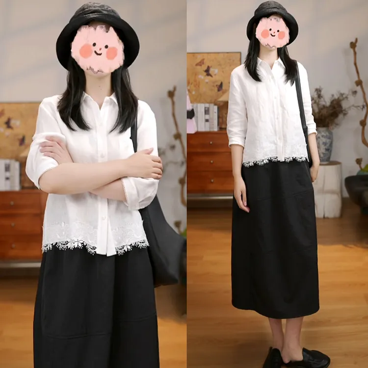 气质简约风拼接蕾丝边衬衫黑色A字半身裙新款高级时尚洋气套装女