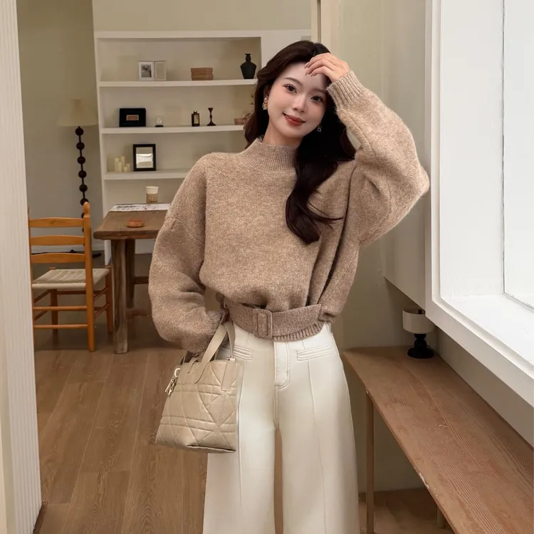 【云柔冬日】冬季软糯气质高领毛衣女慵懒感宽松显瘦收腰带长袖上衣