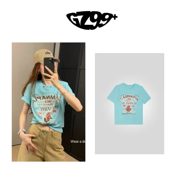 九儿【寻觅蓝月】 无感印花夏季时尚百搭圆领短袖T恤-T6802