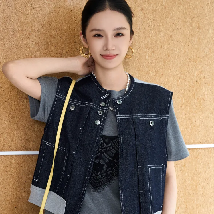 【俪妍】新款牛仔复古撞色拼接短款马甲40139-94