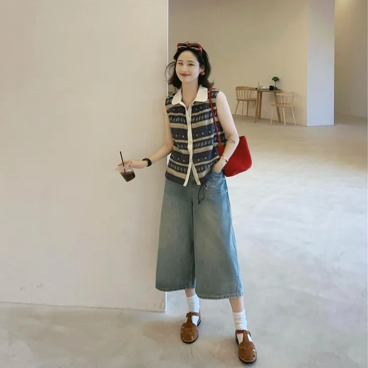 高级感无袖马甲上衣时尚女装夏季2025新款气质牛仔五分裤套装显瘦