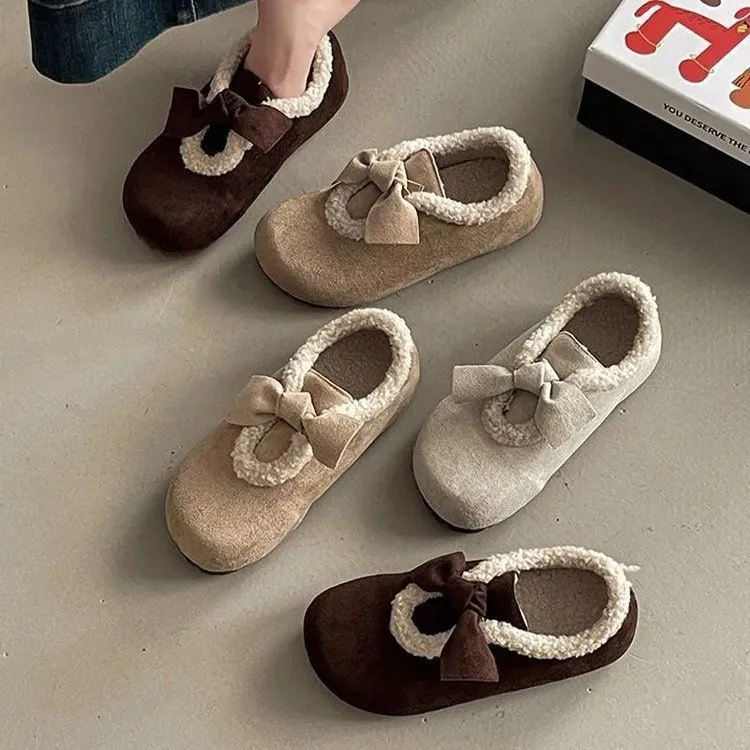 加绒保暖蝴蝶结加绒勃肯鞋女冬季新款防滑外穿一脚蹬保暖毛毛鞋女