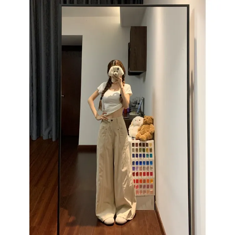 美式复古奶卡其色垂感牛仔裤女2025秋季高腰宽松显瘦休闲阔腿裤子