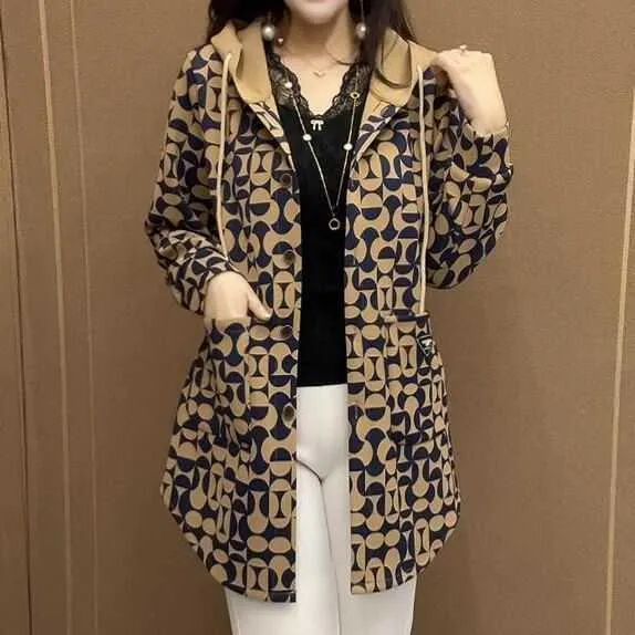 中长款单排扣女风衣2025秋季新款连帽减龄外套上衣大码开衫花色潮