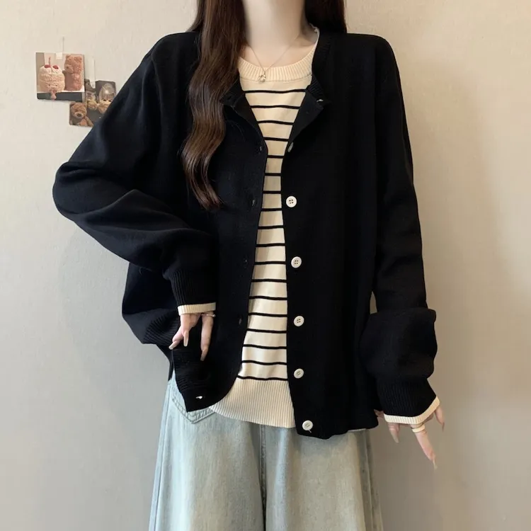 大码假两件条纹长袖针织开衫女春秋胖MM宽松显瘦百搭洋气毛衣外套