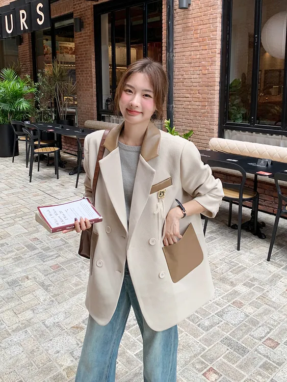 韩版气质拼接西装外套女2025春秋新款高级感休闲宽松显瘦西服上衣