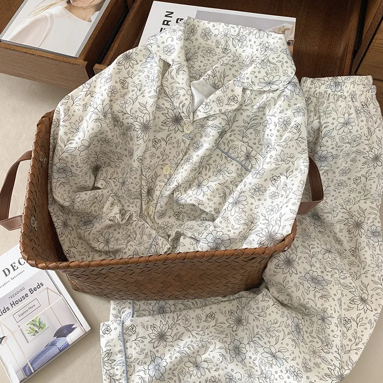 复古蓝色雏菊冬款睡衣女春秋季纯棉磨毛保暖长袖长裤家居服两件套