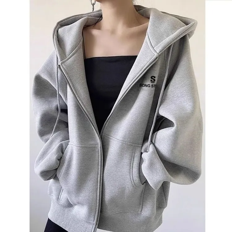 美拉德卫衣女外套春秋季简约字母印花宽松百搭韩版高街中长款开衫