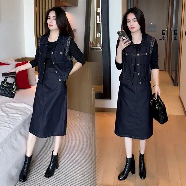 时尚牛仔套装裙女2025秋季新款洋气显瘦无袖马甲背心连衣裙两件套