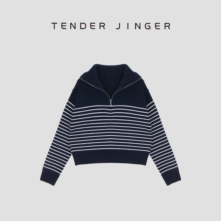 Tender Jinger【黑标】条纹半拉链羊绒羊毛混纺针织毛衣T54BBS41382