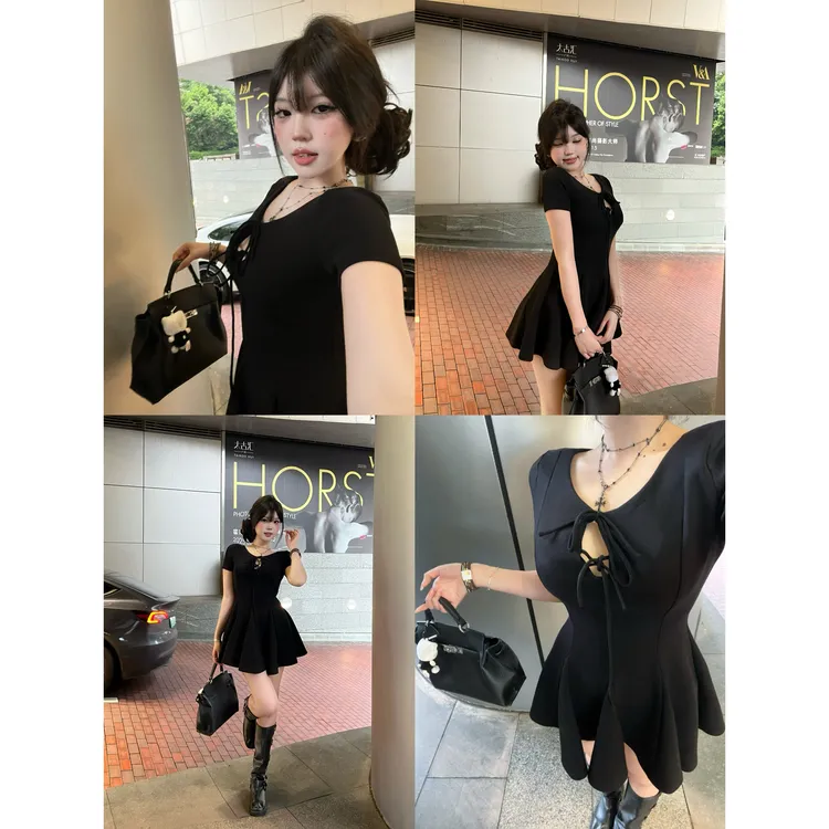 清清萌面侠辣姣【冷艳大小姐】纯欲辣妹蝴蝶绑带连衣裙女微胖6066M