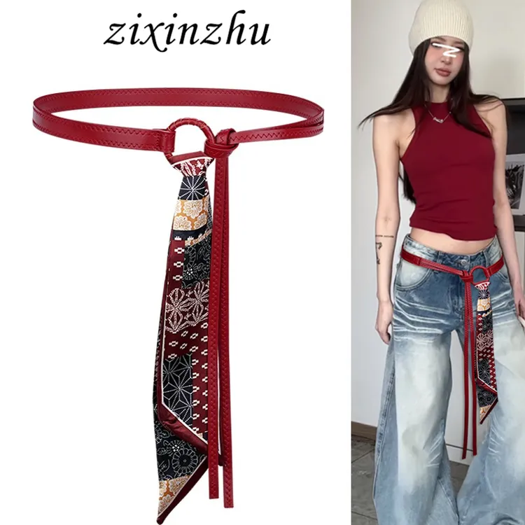 红色腰带配饰女美式复古配牛仔裤装饰裙子辣妹y2k丝巾皮带高级感