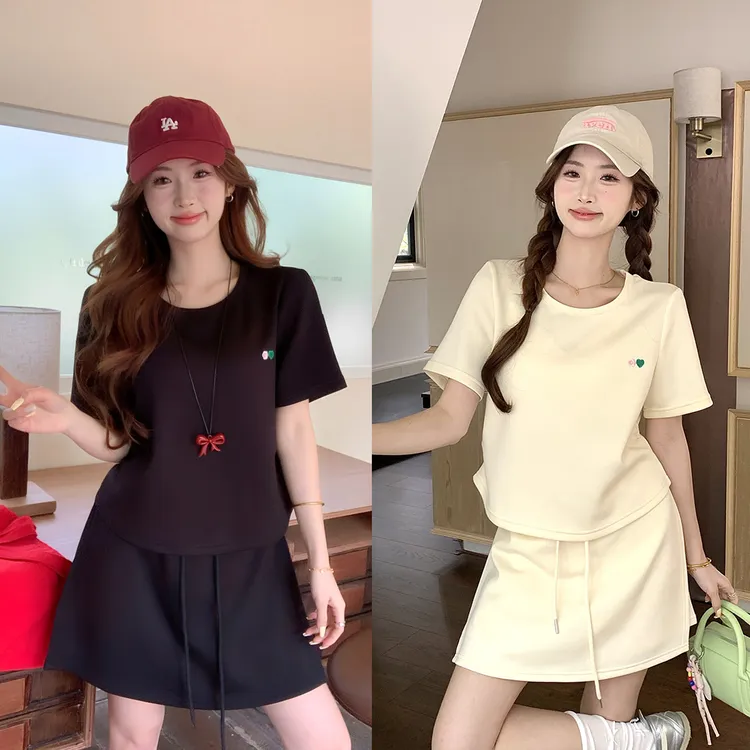 长2025夏季大码女胖mm小个子休闲套装短袖t恤半身裙两件套64231