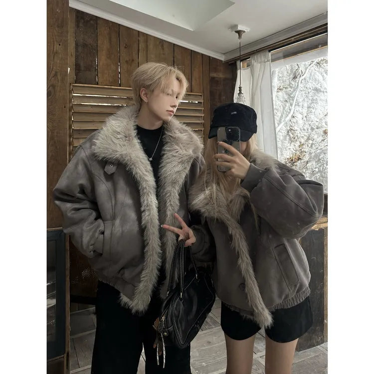 复古做旧座山雕解构毛领棉服男女冬季高级感保暖加厚情侣棉衣外套