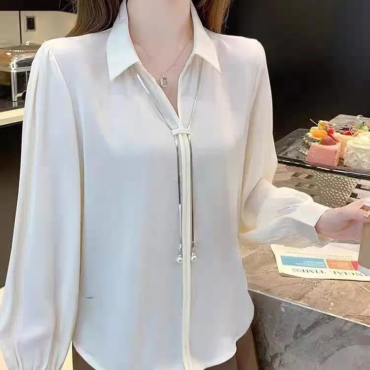 法式宽松设计感小众百搭气质女士长袖缎面衬衫