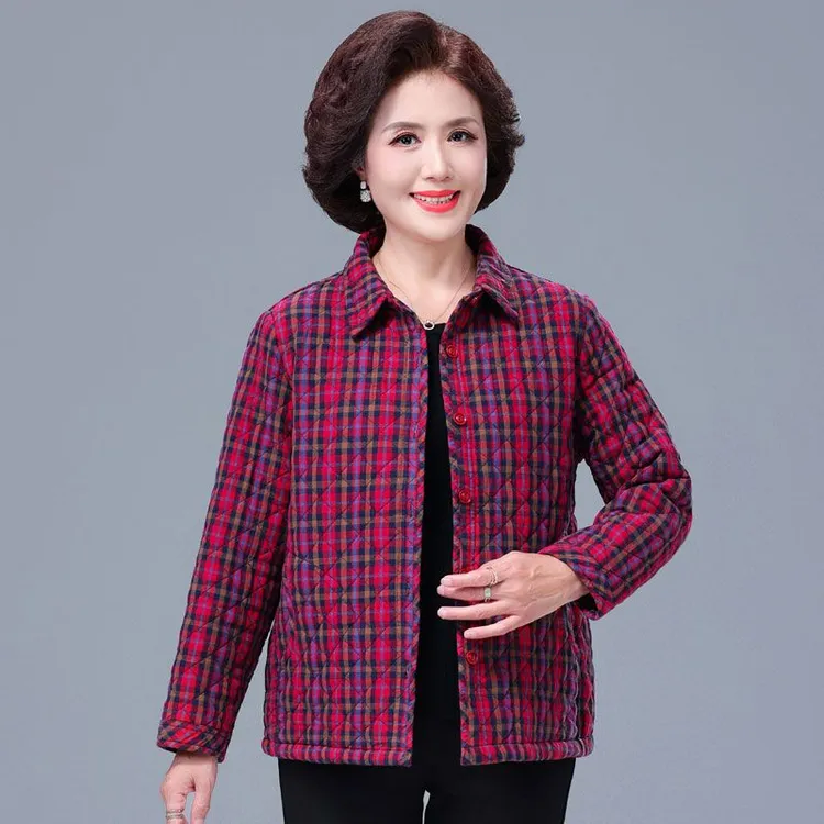 妈妈春秋夹棉纯棉衬衫外套女大码全棉小棉服中老年宽松大码薄棉袄