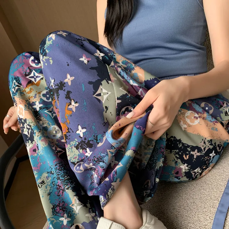 夏夏季裤子新款2025年女阔腿裤水墨画夏款小个子凉凉冰丝雪纺裤山