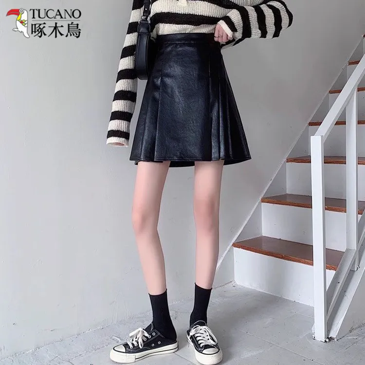 TUCANO/啄木鳥韩版气质pu皮短裙女秋冬新款小个子防走光显瘦半裙