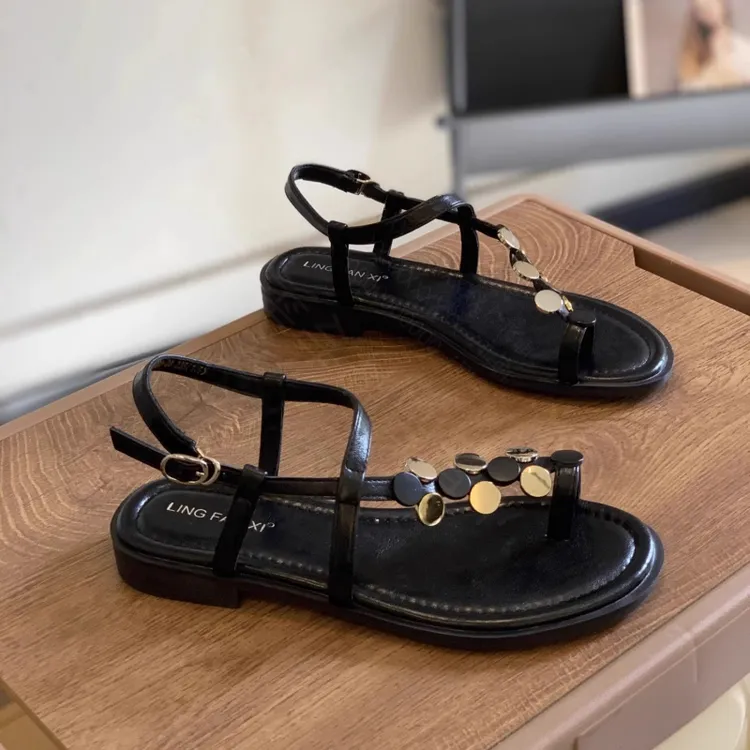 时尚百搭仙女风网红ins韩版复古女鞋夏季黑色平底一字带露趾女士2