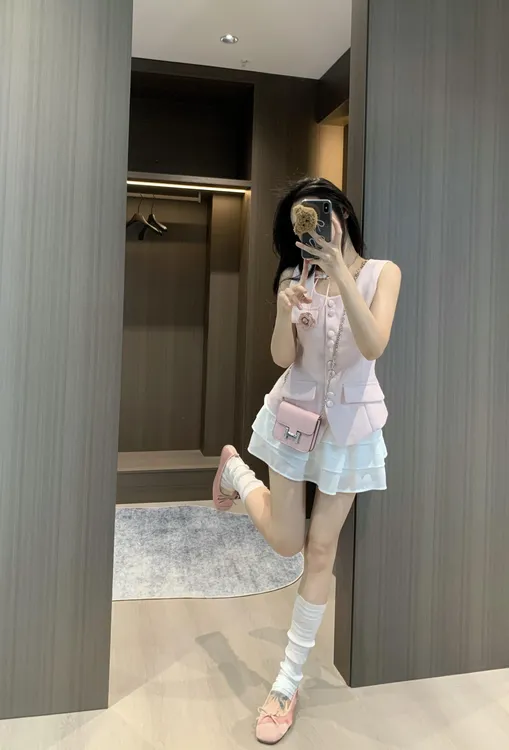 气质千金风小香风法式马甲背心无袖上衣高腰显瘦蛋糕裙短裙两件套