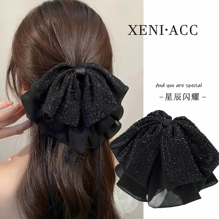 2025新款网纱闪钻蝴蝶结马尾夹后脑勺半扎发气质百搭头饰女抓夹