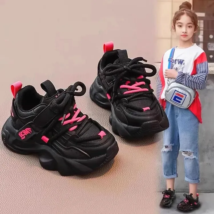 ABC女童鞋子运动鞋2025秋季新款透气儿童厚底老爹鞋黑色百搭单鞋