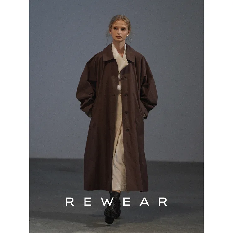 REWEAR/美国进口匹马棉 时髦老钱纸感肌理松弛建筑廓形风衣11018