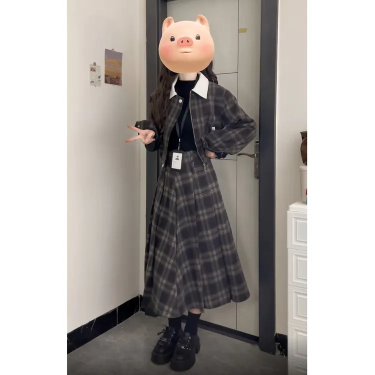 学院风复古格子外套半身裙女秋季穿搭一整套高级感套装裙气质长裙